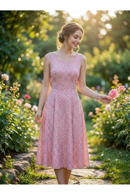 Pink Floral Cotton Sleeveless Midi Dress