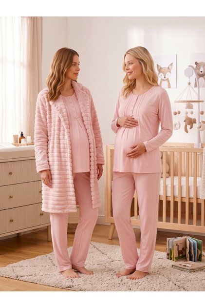 New Season Powder Shawl Collar Winter Plush Long Sleeve Design Buttoned Breastfeeding Compatible Maternity Pajama Set