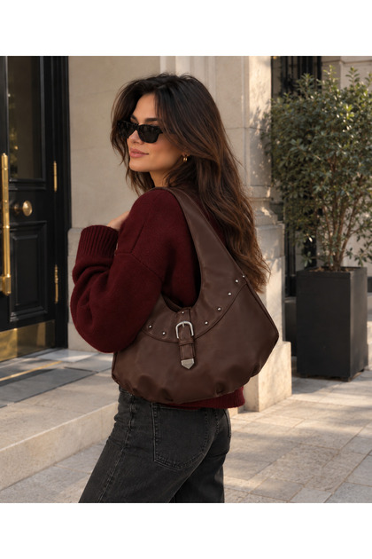 Women's Brown Hobo Shoulder Bag Faux Leather Buckle Studded Casual Large Bag