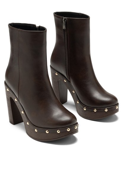 Brown Wood Look Platform Thick Heeled Platform Boots with Staple Detail