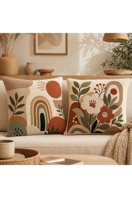2’li Dekoratif Kırlent Kılıfı Seti 45x45 cm – Punch Nakış Görünümlü Bohem Desenli Fermuarlı Yastık Kılıfı