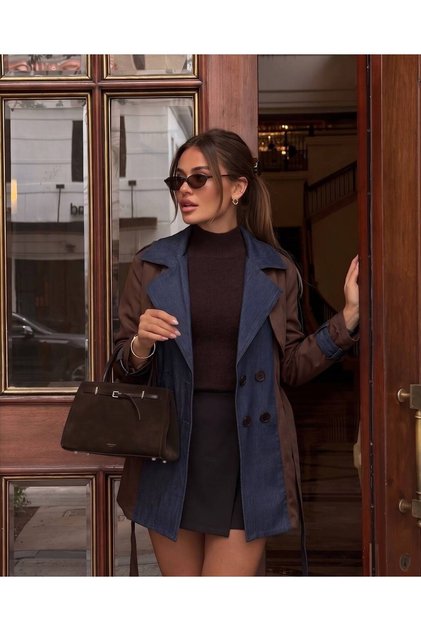 Women's Special Design Belted Trench Coat with Denim Detail