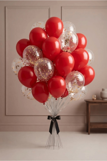 Kırmızı Gold Konsept Balon Seti 20'li Şeffaf Konfetili Doğum Günü Organizasyon Parti ve Özel Günler Süsleme Balonları