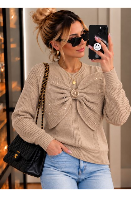 Women's Knitwear Sweater with Bow and Pearl Detail