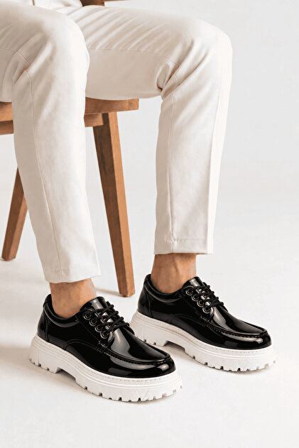 Jy-T13X Kratos Lace-Up Patent Leather Men's Casual Sports Classic Shoes Rbt - Black