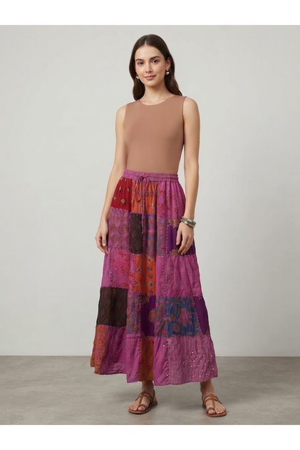 Women's Nepali Ethnic Pattern Patchwork Long Skirt with Elastic Waist