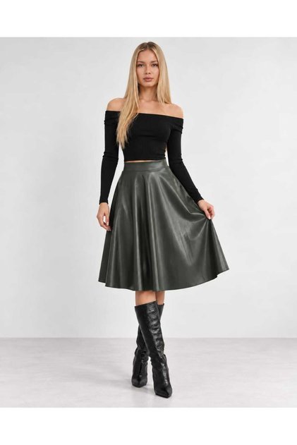 DİZ BOYU SUNİ DERİ ETEK/ İÇİ KADİFE KLOŞ MODEL
