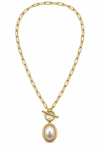 Pearl-Look Oval Tip Steel Necklace Gold Color t Bar Detailed 40 cm Women's Necklace