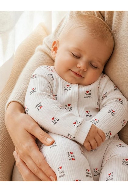 %100 Pamuk Ribanalı Kalpli I Love Dad Mom Mesajlı Çıtçıtlı Unisex Bebek Tulum