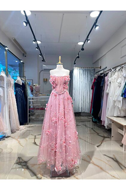 Pembe Büstiyerli Çiçekli Tül Eldiven Kollu Abiye