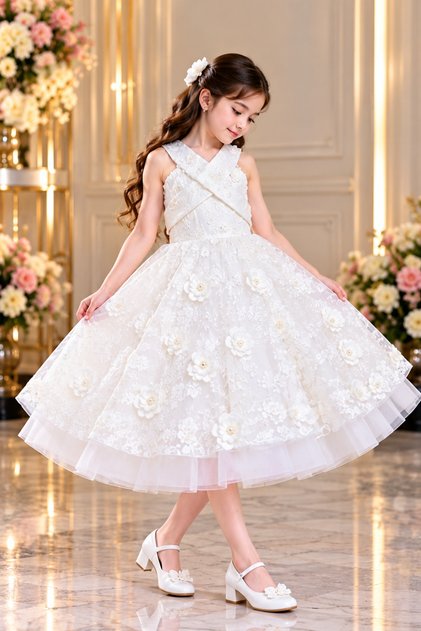 Luxury Girls' Dress for Occasions with Lace and 3D Flowers with a Bow at the Back