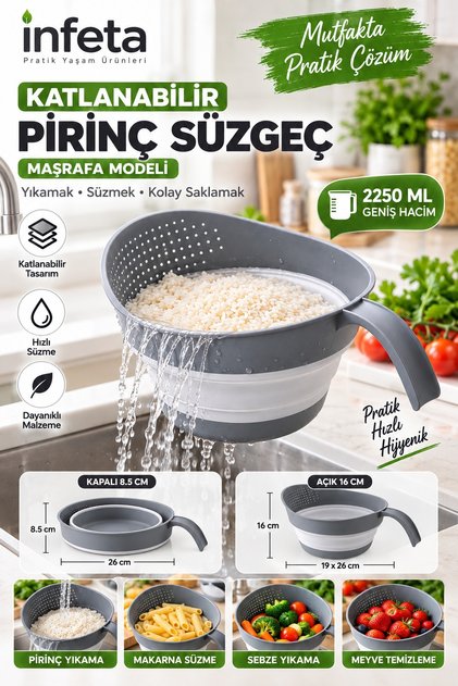 Gray 2250 ml Foldable Rice Strainer Mashrafa Model with Handle 19X26 cm