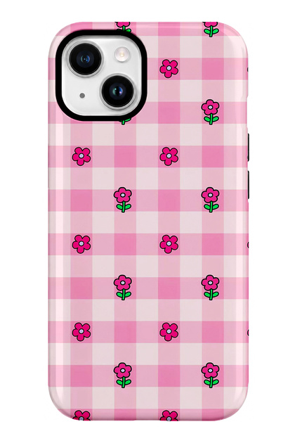 iPhone 15 Compatible - Pink Gingham, Double Layer Cover, Glossy Surface Protective Case