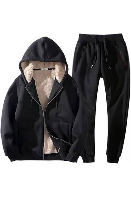 Unisex Hooded Zip-Up Tracksuit Set – Fleece-Lined Top, Relaxed Fit