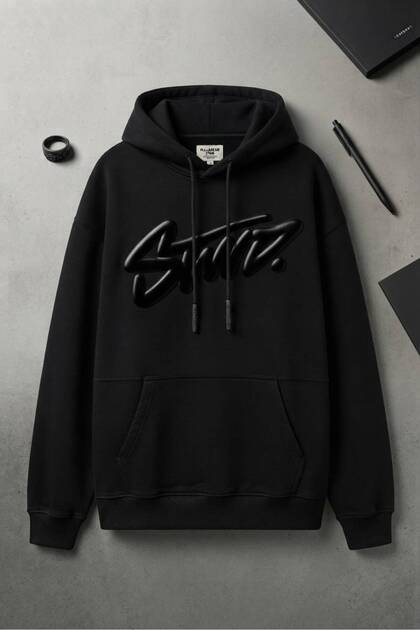 Black Unisex Oversize 3 Thread Raster Printed Hooded Sweatshirt with Kangaroo Pocket and Adjustable Drawstring "Embossed Slogan Text"
