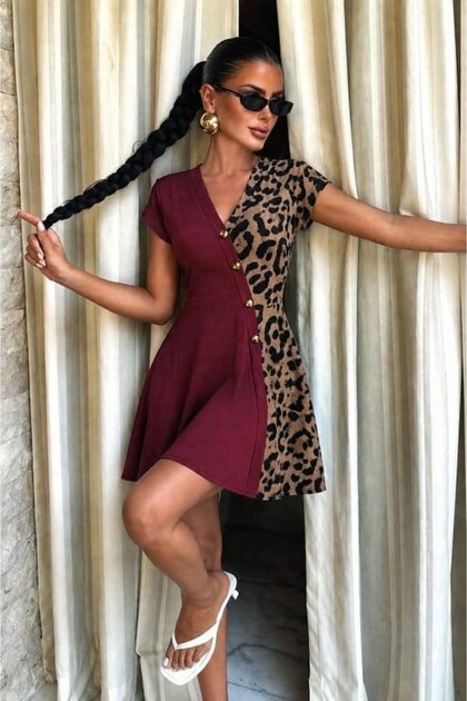Women's Burgundy Short Sleeve V-Neck Short Viscose Dress with Leopard Detail on One Side