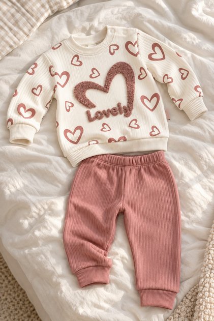 Baby Girl 2-Piece Set with Heart Pattern and Lovely Writing on Top and Bottom, Seasonal Set