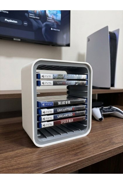 Özel Dokulu 3D Yazıcı Üretimi Çok Amaçlı Oyun ve CD Düzenleyici Standı - PS4 / PS5 Oyun Kutusu Rafı