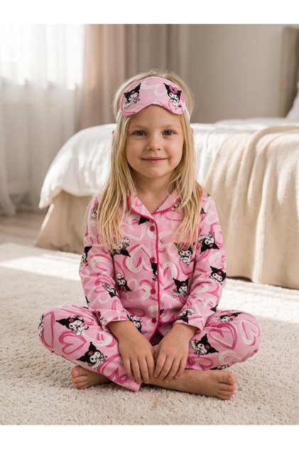Kuromi Printed Eye Patched Front Buttoned Girls' Pajama Set Thin Fabric Fits Tightly