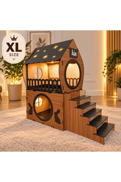 XL Ahşap Tavşan Evi 2 Katlı Merdivenli İç Mekan Tavşan Yuvası ve Oyun Evi