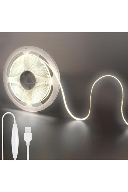 شريط إضاءة LED بتقنية COB بجهد 5 فولت مع مفتاح للتحكم في الإضاءة، 9.84 قدم/3 متر، أبيض بارد 6500 كلفن، 320 مصباح LED لكل متر، عرض 8 مم، غير قابل للانحناء