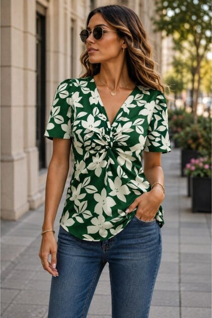 Women's short sleeve v-neck floral print supreme blouse