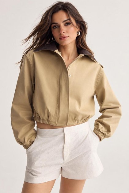 Beige Collared Detailed Regular Coat