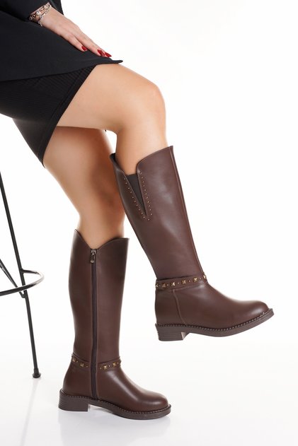Women's Brown Trok Detailed Boots - Below the Knee Boots with Belt Detail and Flexible Elastic on the Leg