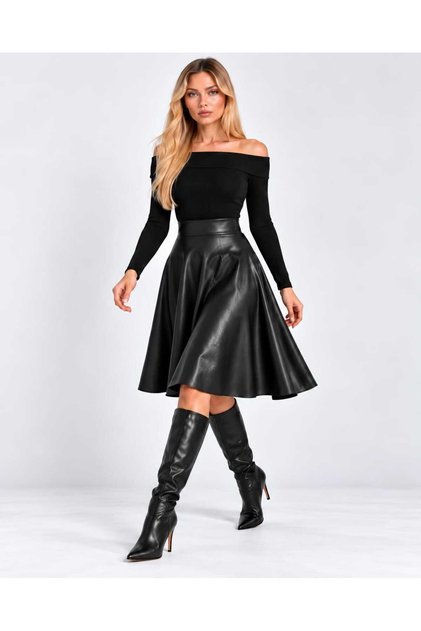 DİZ BOYU SUNİ DERİ ETEK/ İÇİ KADİFE KLOŞ MODEL