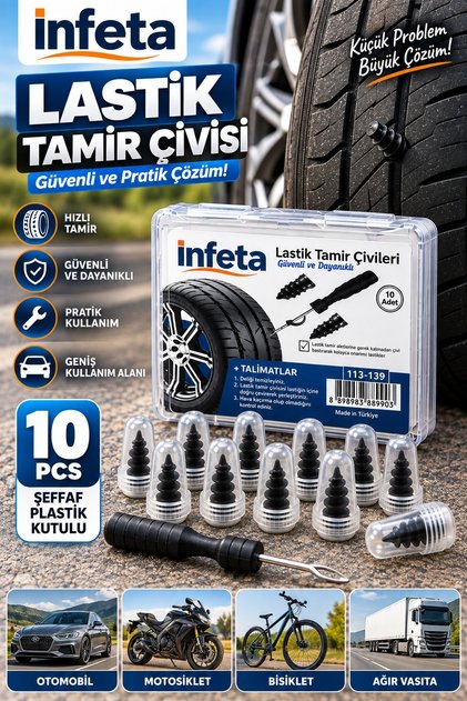 10'lu Lastik Tamir Çivisi Şeffaf Kutulu Pratik Tubeless Lastik Delik Onarım Vidası