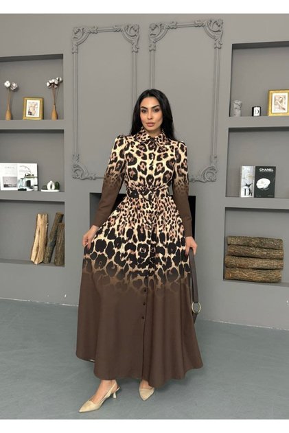 Women's Leopard Print Long Dress with Belt