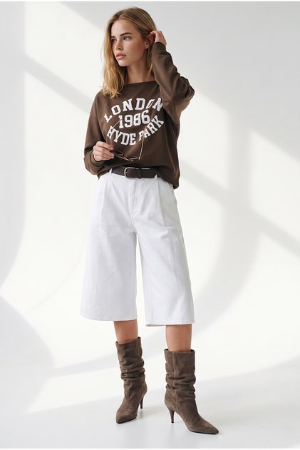 Women's Brown Boat Neck Printed Modal Buttoned Slim Sweatshirt Swt-19000799