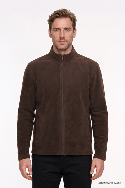 Erkek Koyu Kahve Anti-pilling Tüylenme Yapmayan Standart Fit Dik Bato Yaka Sweatshirt Polar Ceket