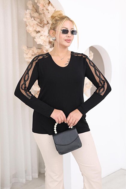 Plus Size Blouse with Beaded Embroidery Detail on the Sleeves