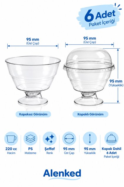 Covered Footed Dessert Container 220 Cc Transparent Plastic Presentation Container - 6 Pieces