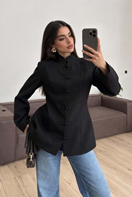 Padded Lined Mandarin Collar Jacket - Black