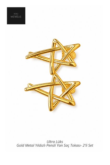 Gold Metal Star Hair Clip with Side Clips - Set of 2