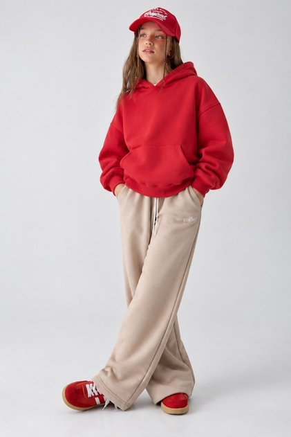 Girl's Oversize Basic Hoodie Sweatshirt Red – Hooded, Kangaroo Pocket, 3 Thread Fleece