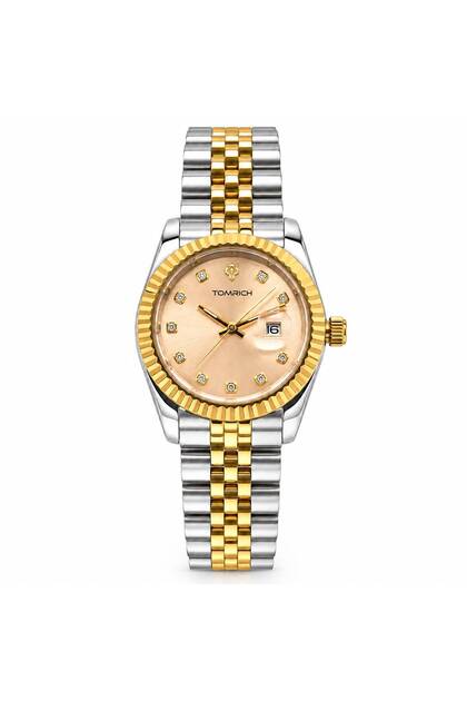 Women's Analog Watch, Two-Tone Silver & Gold Stainless Steel Bracelet, Champagne Dial, Crystal Markers, Date Display, Fluted Bezel, Luxury Watch for Women, VALERIA TRS2543L