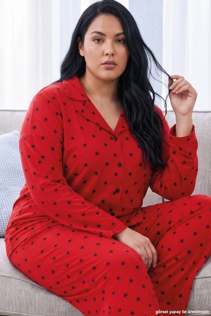 Red Star Patterned Thermal Fabric Ultra Soft Soft Large Size King Size Buttoned Knitted Pajama Set