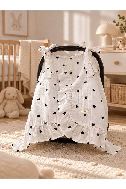 Muslin Black Heart Color Ruffle Detailed Stroller Cover