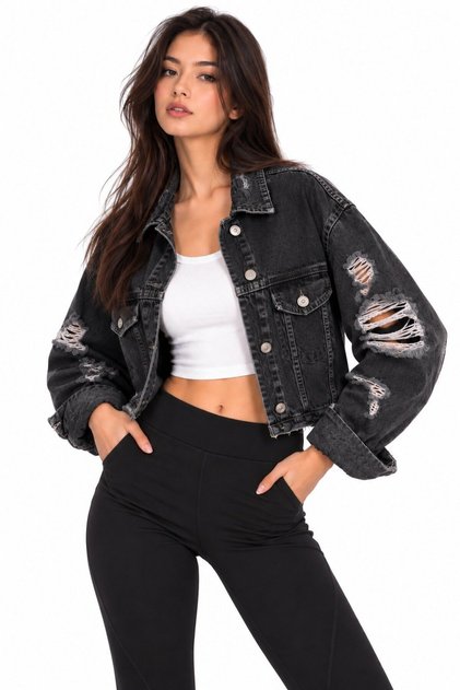 Anthracite Ripped Detailed Oversized Denim Jacket
