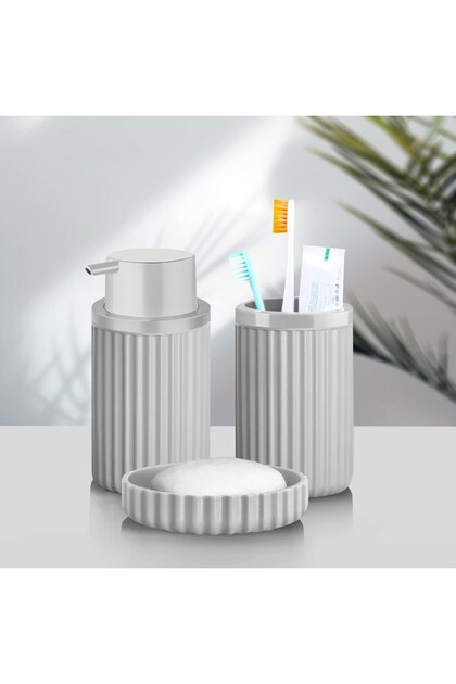Banyo Takımı Diş Fırçalık Sıvı Sabunluk Katı Sabunluk 3 Lü Set Açık Gri 3319