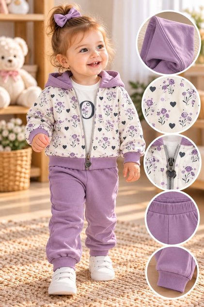 Babywood Love Baskılı Kız Üçlü Takım 9-24 Aylık -DÜ26761331 - MOR