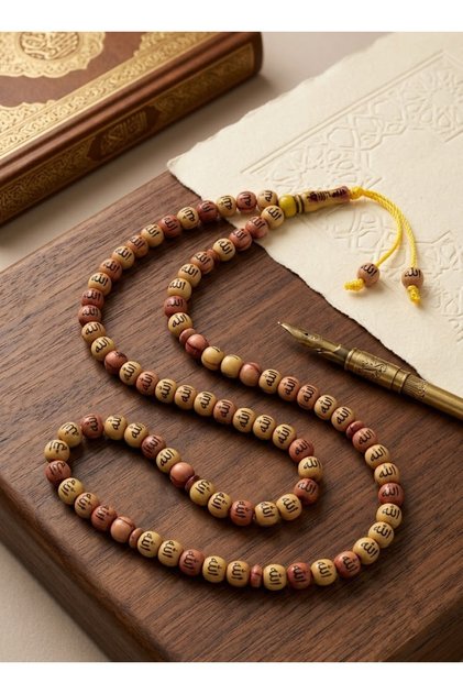 Long Islamic prayer beads, 99 beads, decorated with the names of Allah and Muhammad, 99 beige beads for recitation and glorification.
