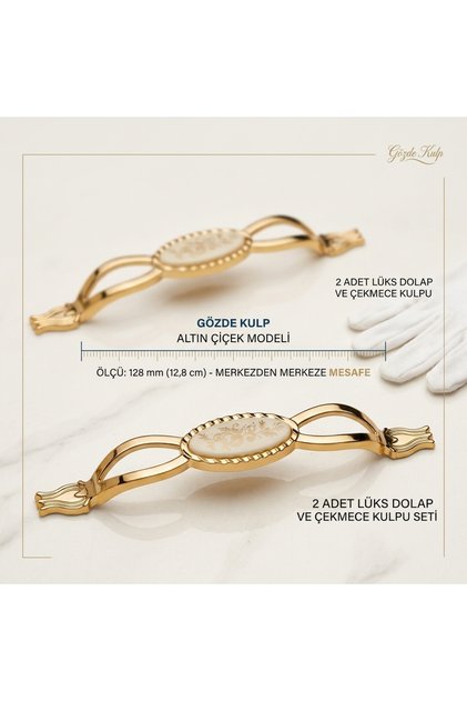 Gözde Kulp Altın Rengi Altın Çiçek Mobilya Kulpu 128 mm (12,8 cm) - 2 Adet Lüks Dolap ve Çekmece Kulpu