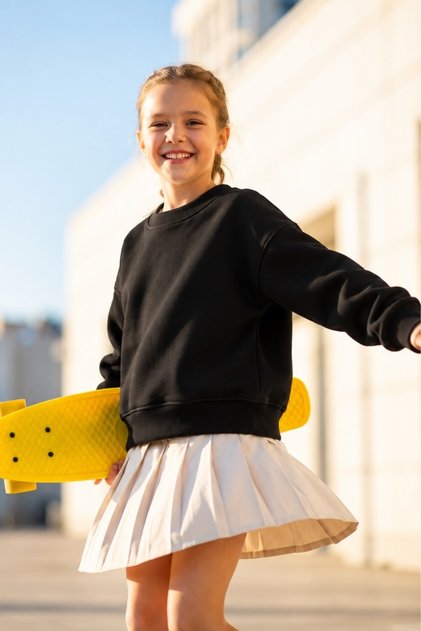 Girl's Oversize Sweatshirt Basic Black – Crew Neck, 3-Thread Ribbed Fleece