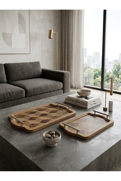 Rectangular Wooden Serving Tray Set with Stylish and Modern Design