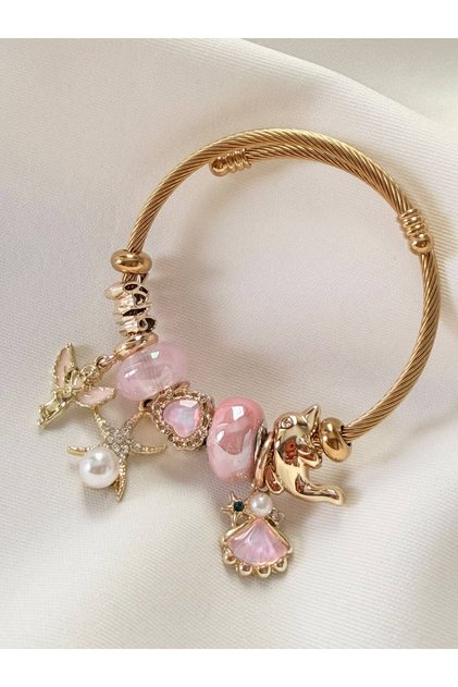 Steel Charm Bracelet with Pearl Oyster Seashell Heart Charm Steel Bracelet 316L