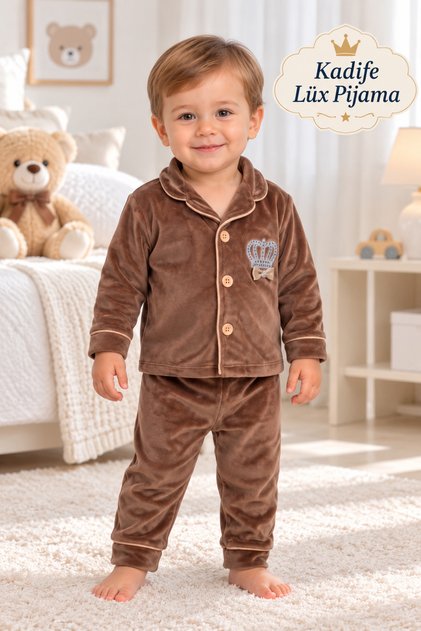 Erkek Çocuk Lüx Kadife Kral Taşlı Önden Düğmeli Pijama Takımı